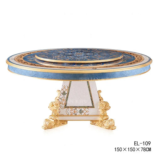 French luxury restaurant round dining table mahogany shell mosaic heavy industry carved dining table with turntable