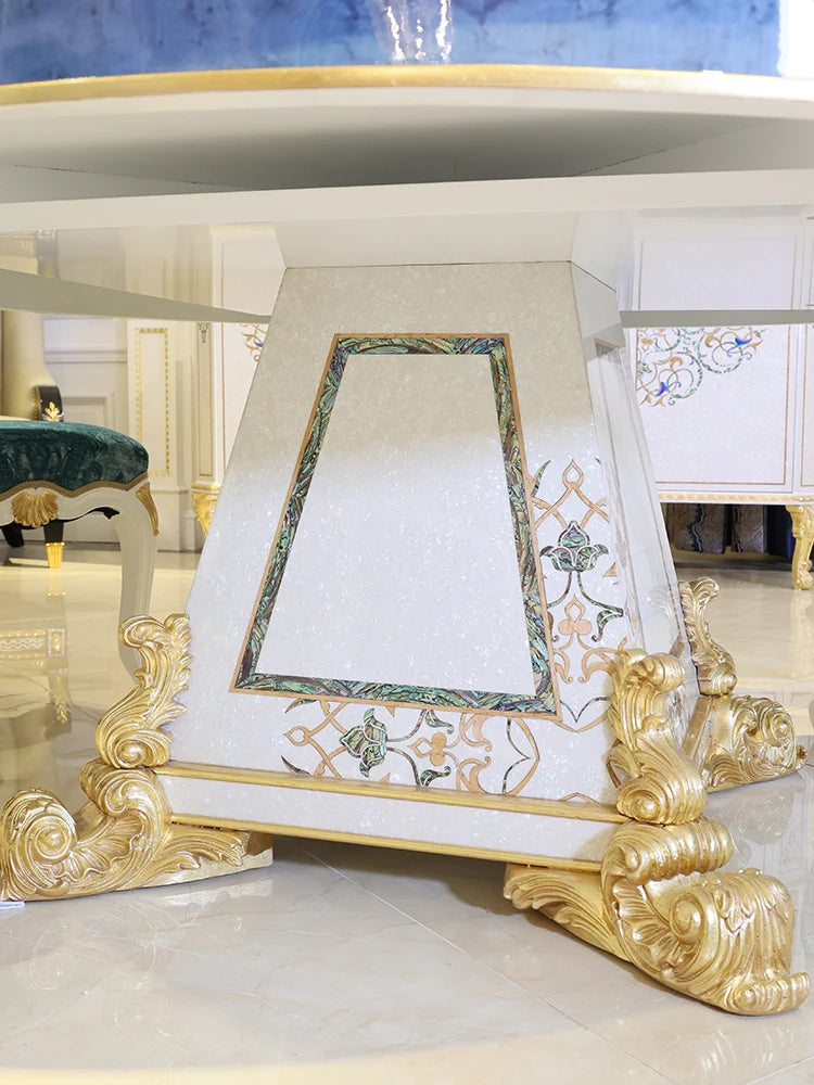 French luxury restaurant round dining table mahogany shell mosaic heavy industry carved dining table with turntable