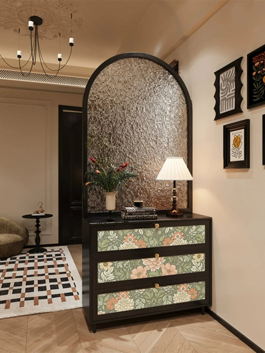 French retro cream feng shui patterned glass entrance door, solid wood screen partition, living room, shoe cabinet, foyer cabine