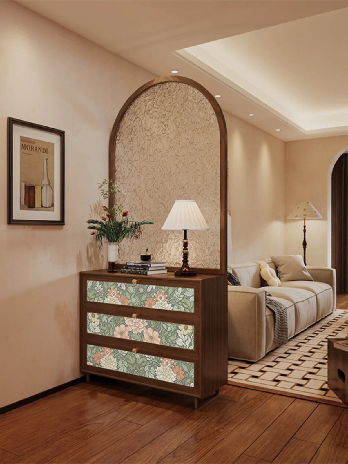 French retro cream feng shui patterned glass entrance door, solid wood screen partition, living room, shoe cabinet, foyer cabine