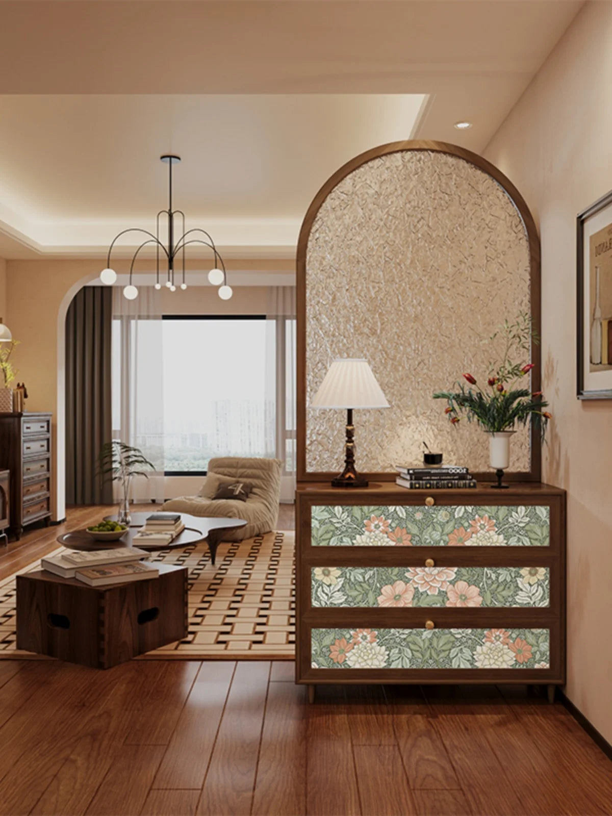 French retro cream feng shui patterned glass entrance door, solid wood screen partition, living room, shoe cabinet, foyer cabine