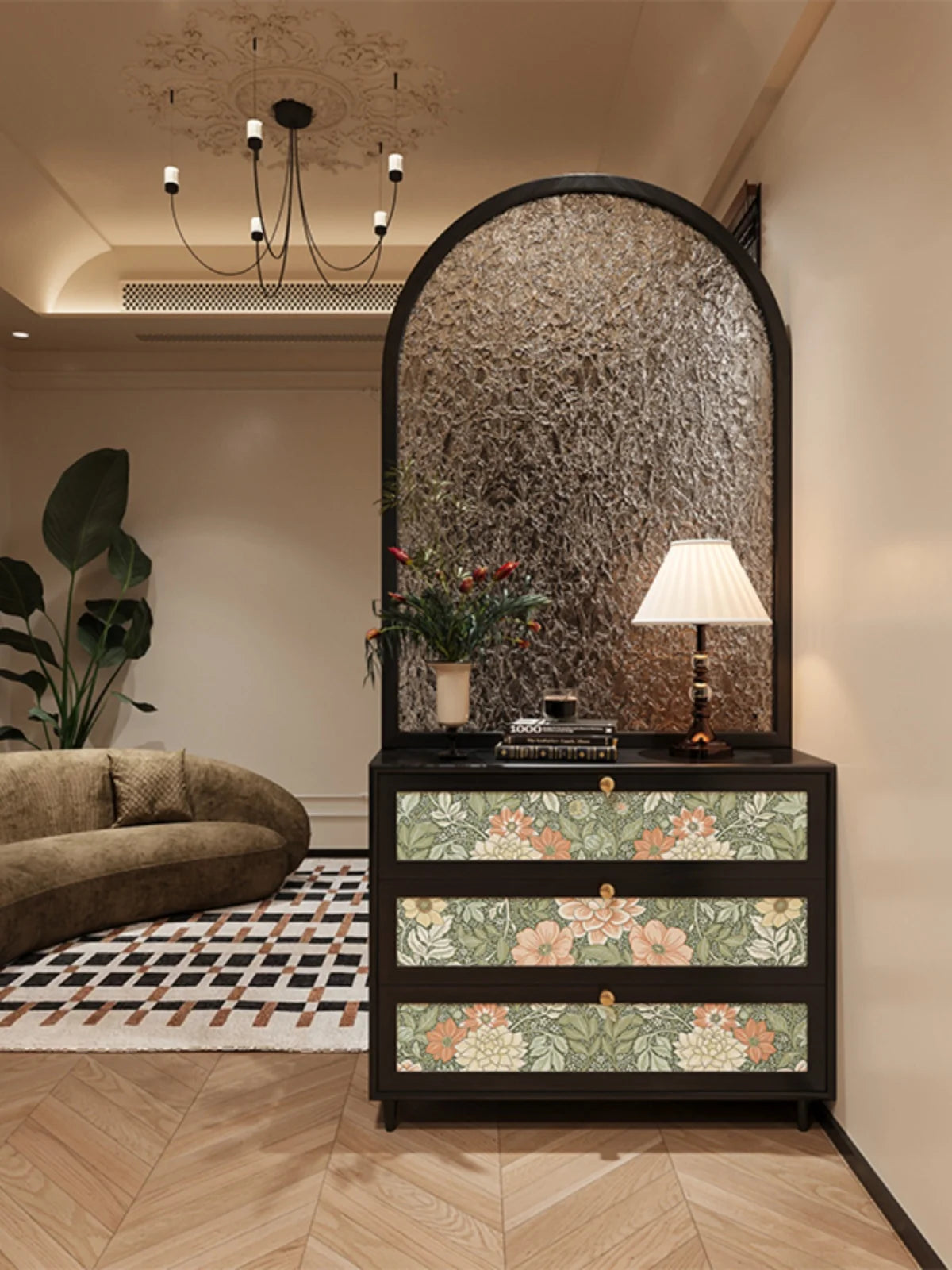 French retro cream feng shui patterned glass entrance door, solid wood screen partition, living room, shoe cabinet, foyer cabine