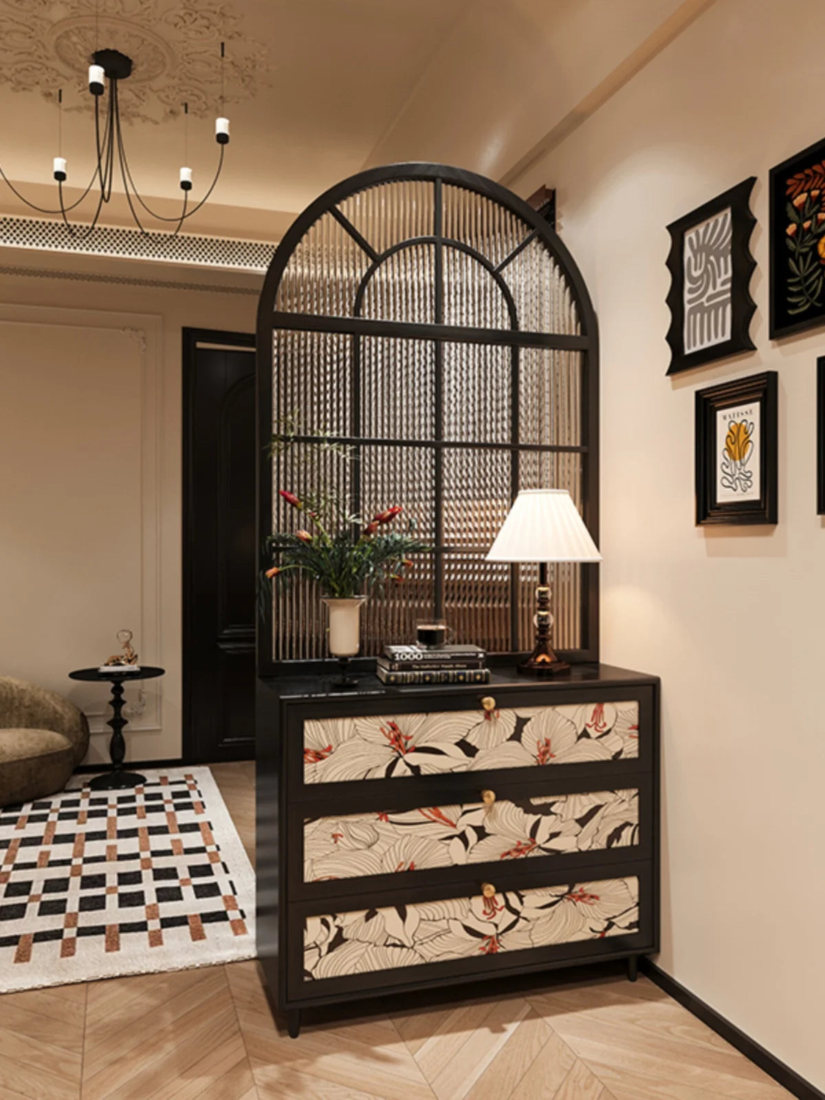 French retro rainbow glass solid wood screen, entrance door, shoe cabinet partition, living room, bathroom, household bedroom, s