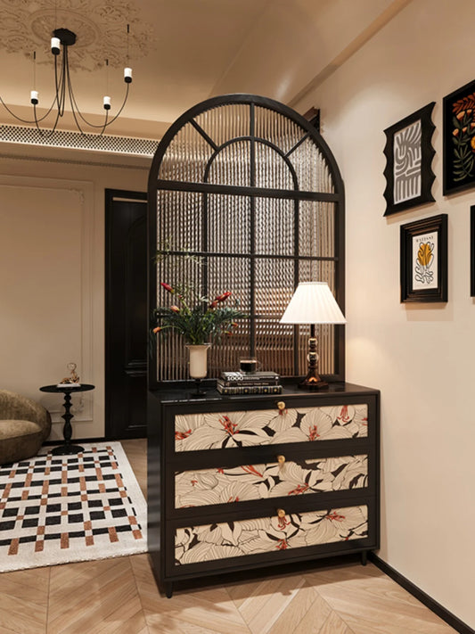 French retro rainbow glass solid wood screen, entrance door, shoe cabinet partition, living room, bathroom, household bedroom, s