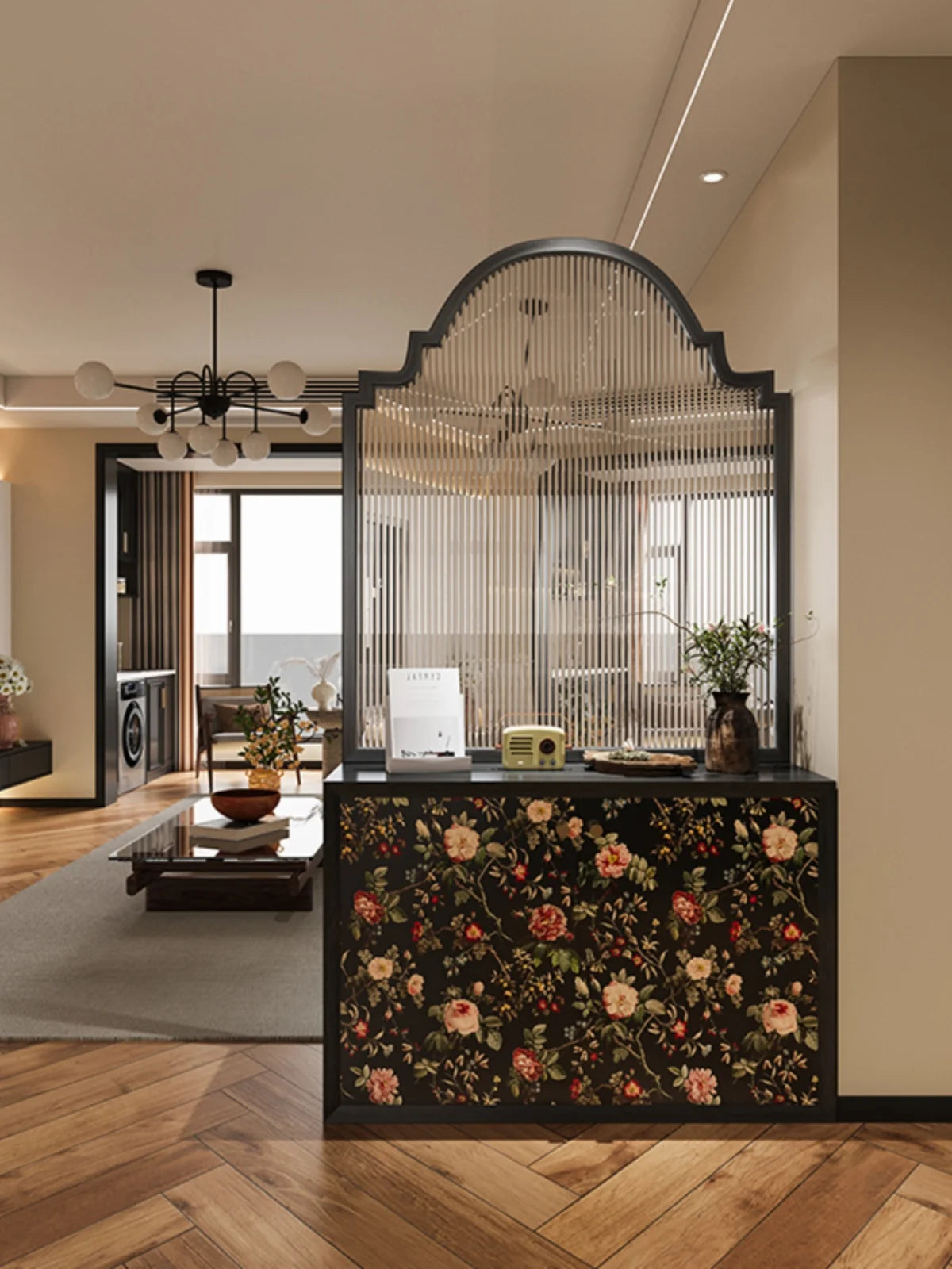 French retro wooden shoe cabinet, Changhong glass screen partition, living room entrance door obstructing bathroom, dining room