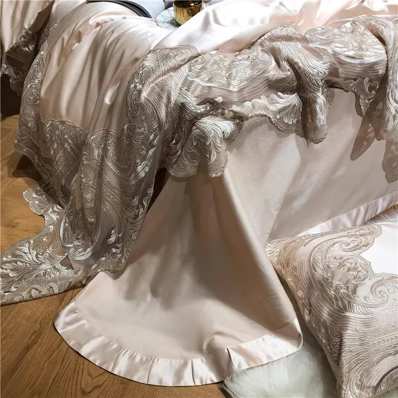 & French silk cotton lace bed set with four pieces, European long staple cotton duvet cover, light luxury 1.8m bedding