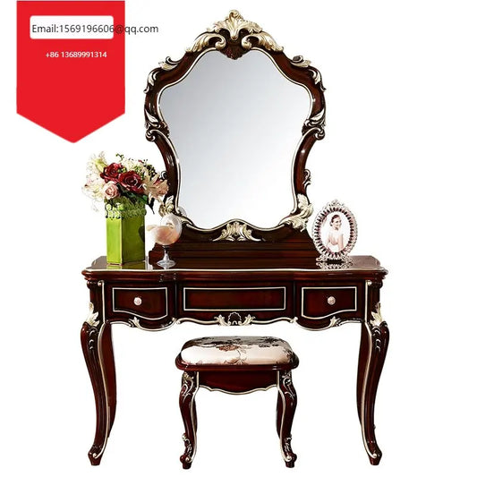 French solid wood dressing table European Princess dresser table bedroom luxury desk dressing table integrated women's wine red