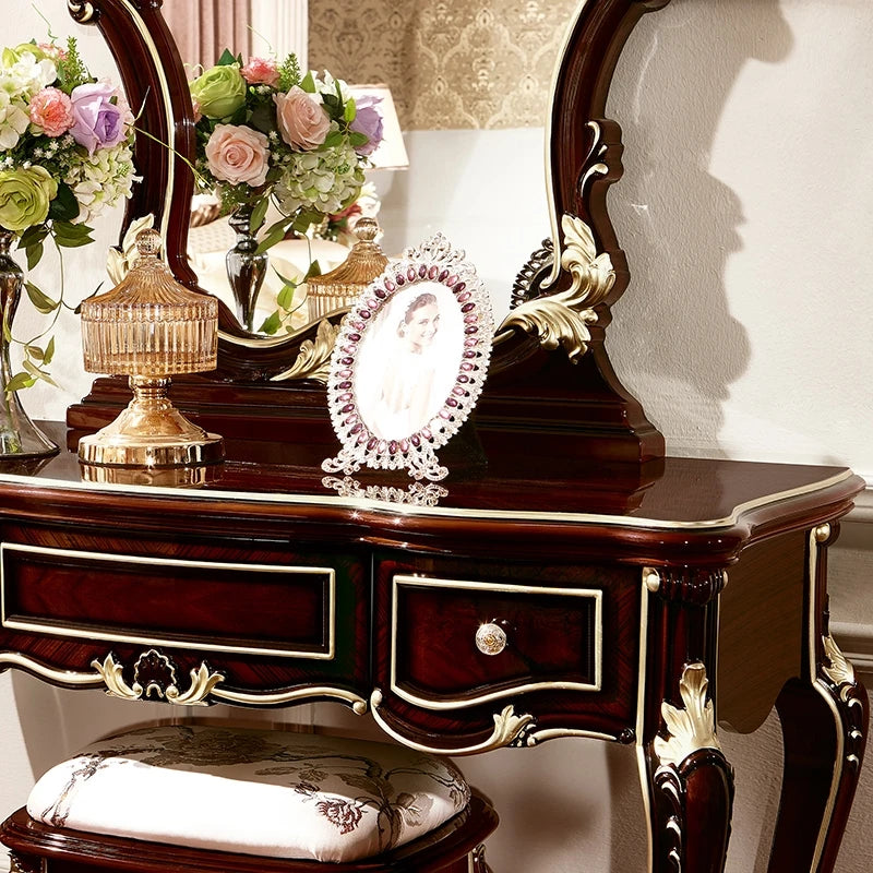 French solid wood dressing table European Princess dresser table bedroom luxury desk dressing table integrated women's wine red