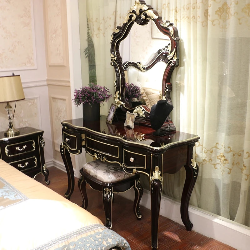 French solid wood dressing table European Princess dresser table bedroom luxury desk dressing table integrated women's wine red