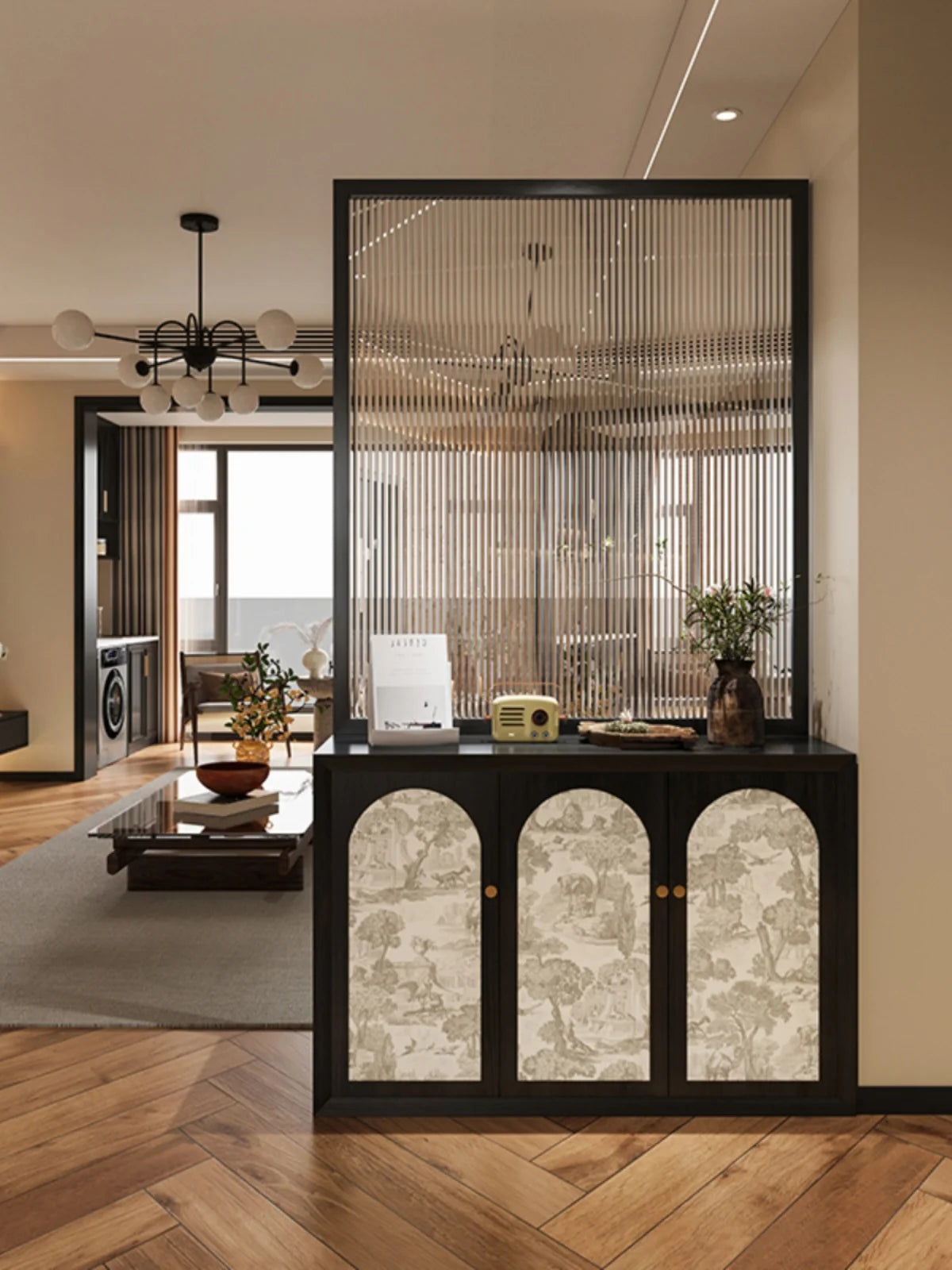 French solid wood shoe cabinet with glass screen partition, living room entrance door, dining room, bedroom obstructed, househol