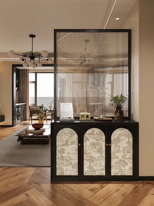 French solid wood shoe cabinet with glass screen partition, living room entrance door, dining room, bedroom obstructed, househol