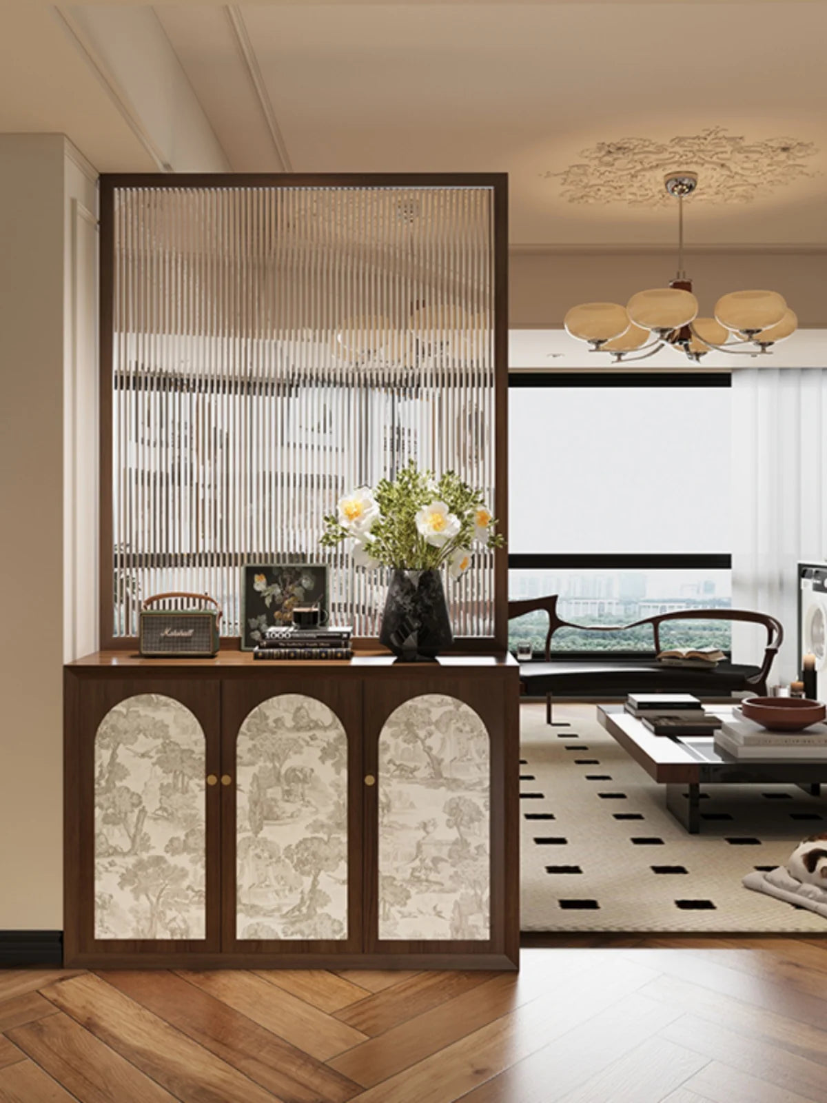 French solid wood shoe cabinet with glass screen partition, living room entrance door, dining room, bedroom obstructed, househol