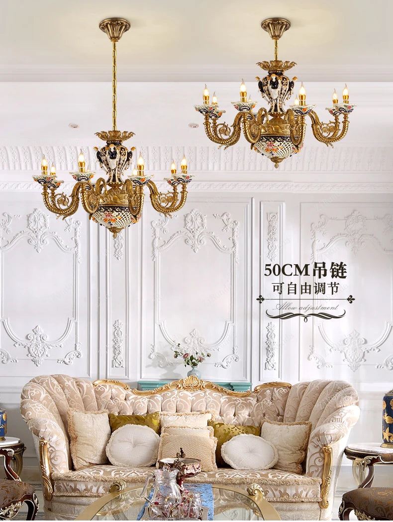 French villa living room, ceramic chandeliers, European luxury dining room,bedroom, study,high-end pure copper lighting fixtures