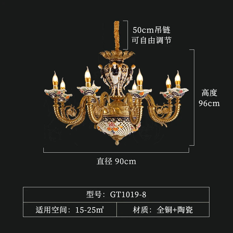 French villa living room, ceramic chandeliers, European luxury dining room,bedroom, study,high-end pure copper lighting fixtures