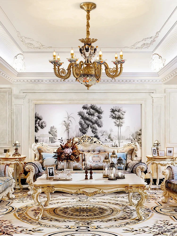 French villa living room, ceramic chandeliers, European luxury dining room,bedroom, study,high-end pure copper lighting fixtures
