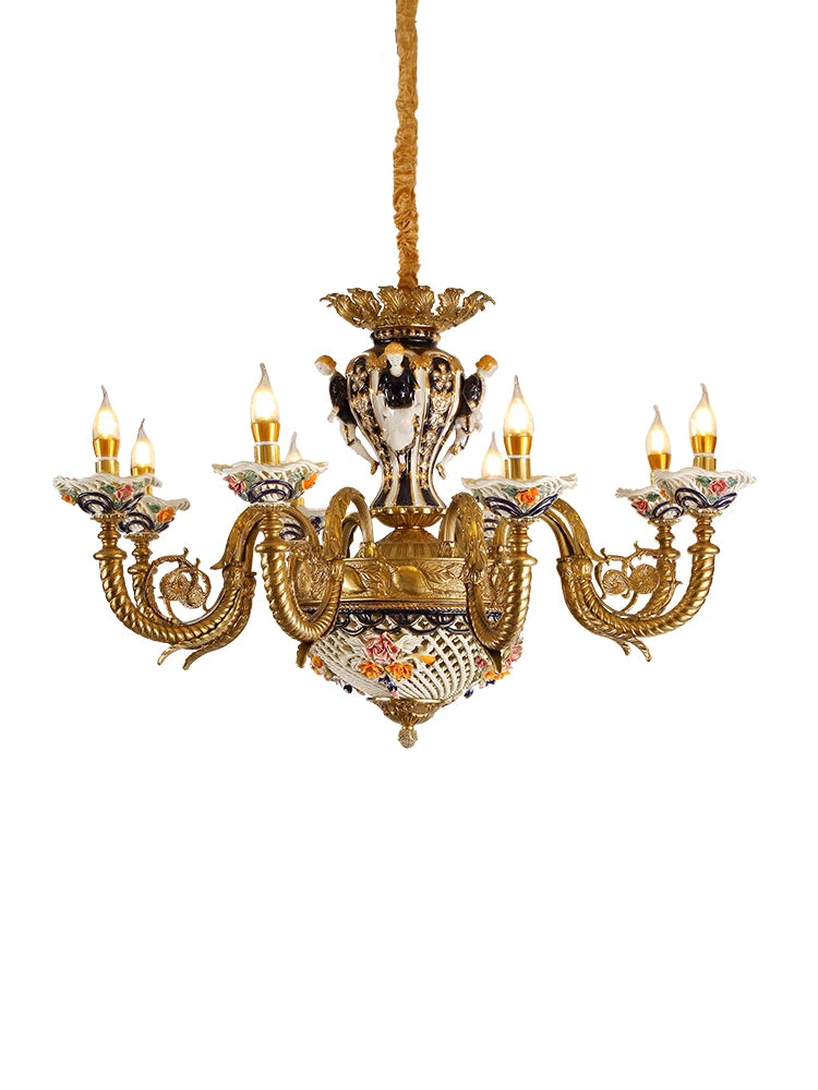 French villa living room, ceramic chandeliers, European luxury dining room,bedroom, study,high-end pure copper lighting fixtures