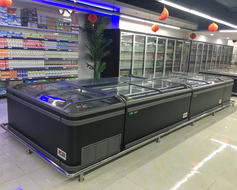 Frost Free Combined Deep Freezer Sliding Curved Glass Door Horizontal Freon Refrigerator Supermarket Cabinet