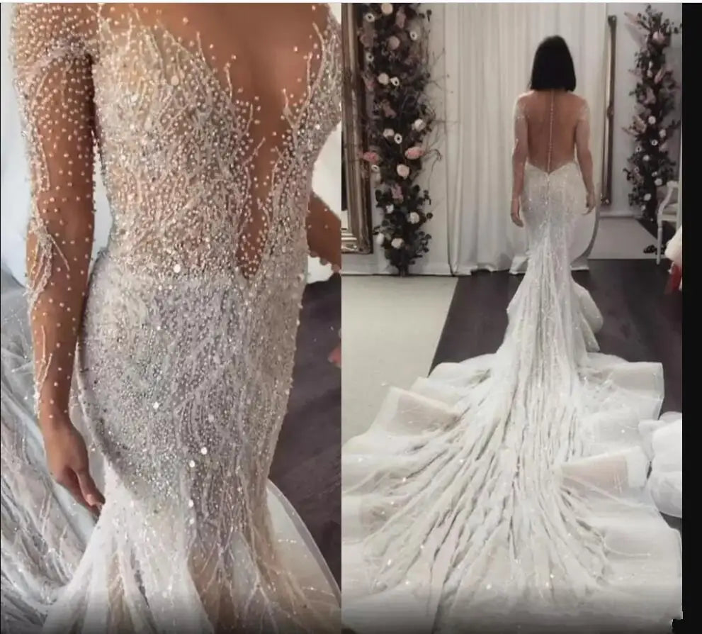 Full Heavy Crystal Beaded Mermaid Wedding Dresses Luxury See Through  Long Sleeves African Plus Size Buttons Back Bridal Gown