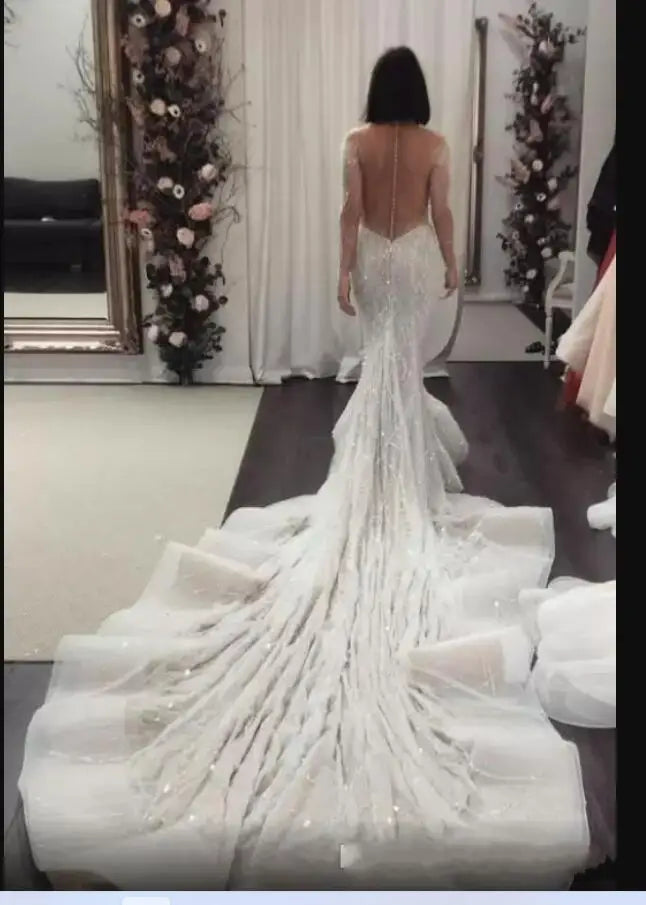 Full Heavy Crystal Beaded Mermaid Wedding Dresses Luxury See Through  Long Sleeves African Plus Size Buttons Back Bridal Gown