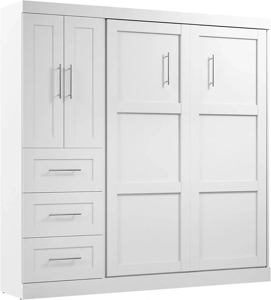 Full Murphy Bed with Closet Organizer with Drawers 84-inch White Space-Saving Sleeping Arrangement for Multipurpose Room