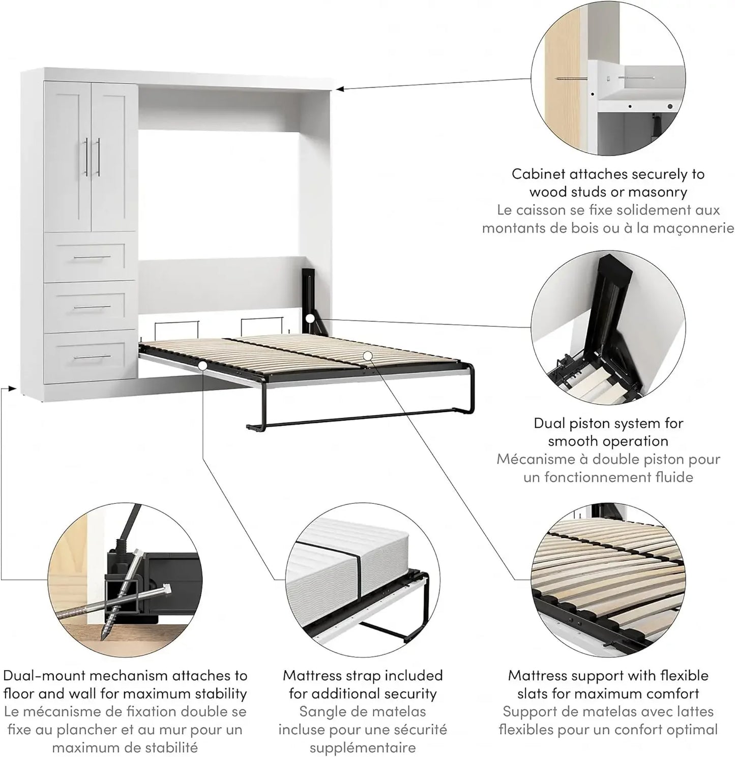 Full Murphy Bed with Closet Organizer with Drawers 84-inch White Space-Saving Sleeping Arrangement for Multipurpose Room