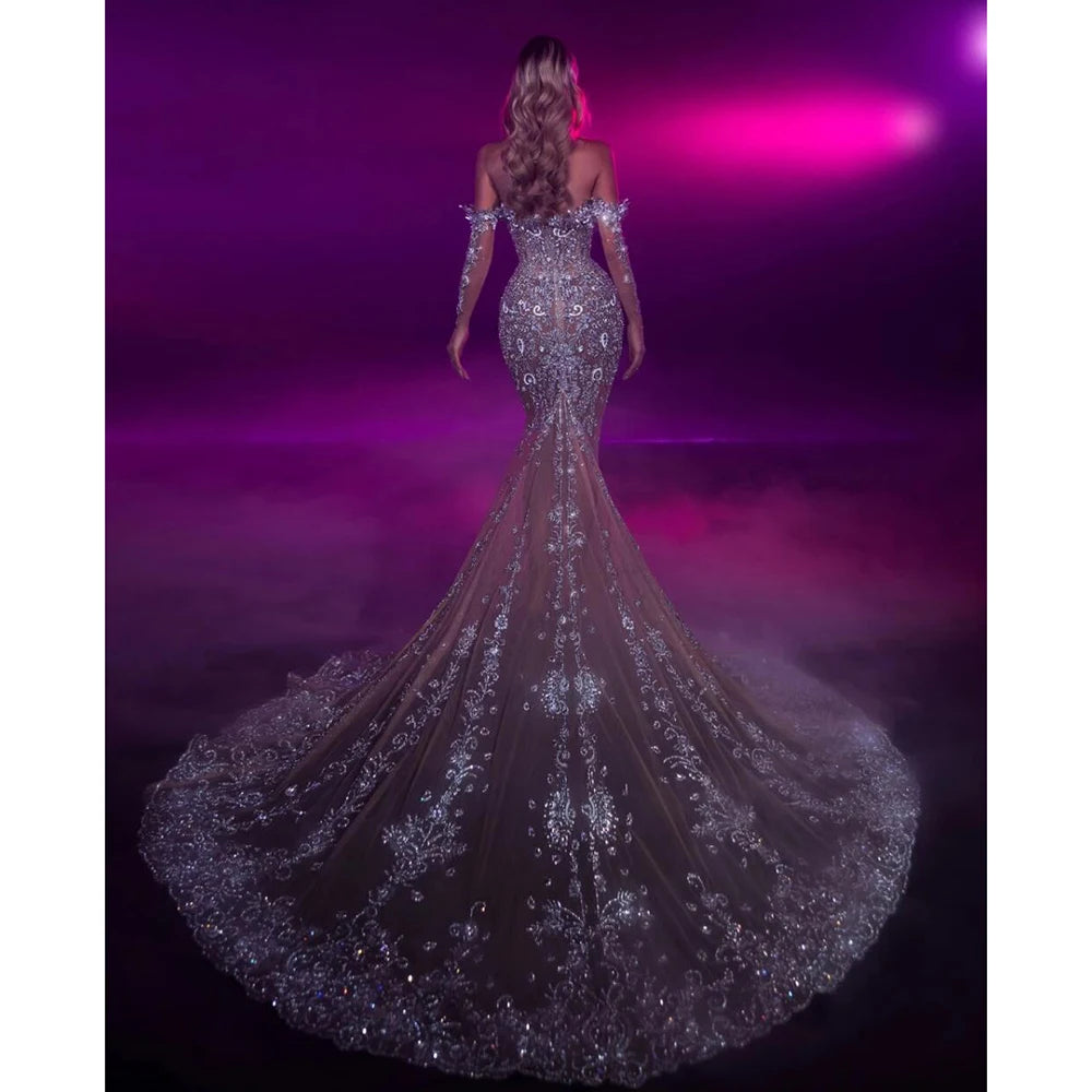 Graceful Off The Shoulder Evening Dress Sparkly Crystal Beads Prom Gown Luxury Feathers Mermaid Cocktail Dresses Robe De Mariée