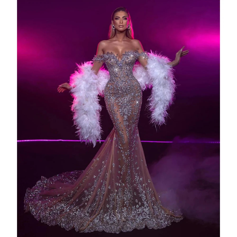 Graceful Off The Shoulder Evening Dress Sparkly Crystal Beads Prom Gown Luxury Feathers Mermaid Cocktail Dresses Robe De Mariée