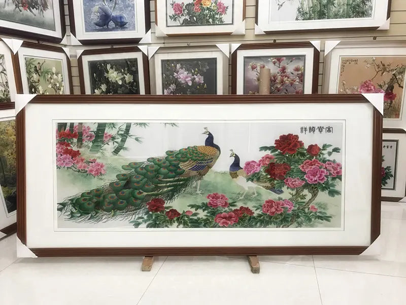 Suzhou Embroidery Handmade Finished Embroidery Decoration Painting Peacocks ,Glory ,Not Include Frame 60*160cm