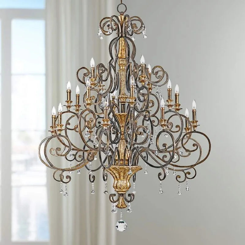 Customized European-Style Retro Wood Gold Foil Distressed Large Iron Multi-Head Villa Hollow Dining Room Decorative Chandelier
