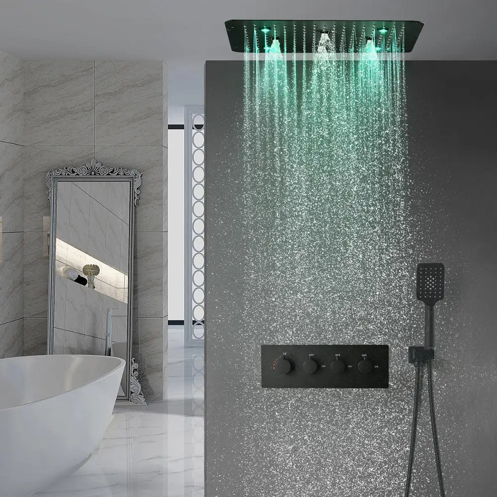 ANTNX Bathroom Accessoires 20inches 500mm Black Shower Head Panel Thermostatic Mixer ValveSystem Rainfall Steam Spray SPA Shower set ANTNX.COM