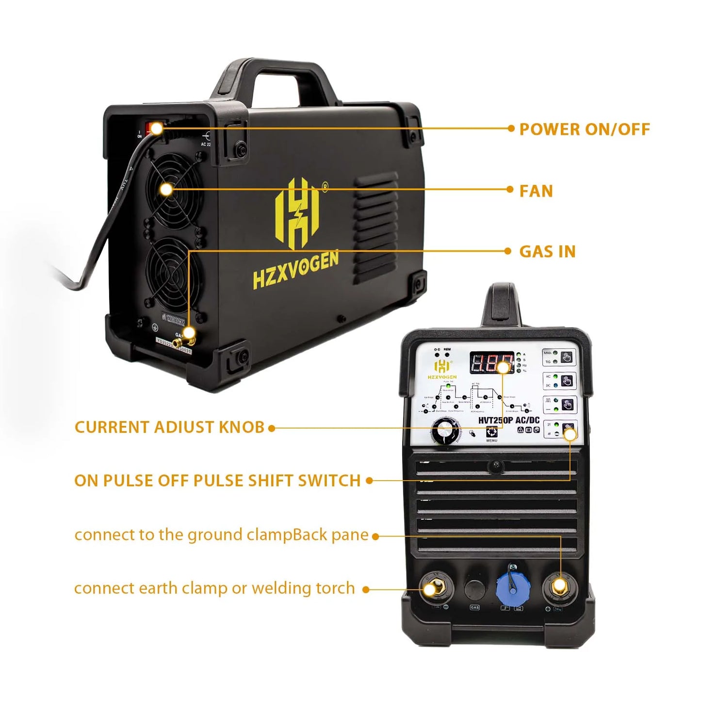 HZXVOGEN 200A Aluminum AC/DC Tig Welding Machine HF TIG/MMA ARC Pulse Argon Welder IGBT Inverter 2T/4T Welding Equipment HVT250P