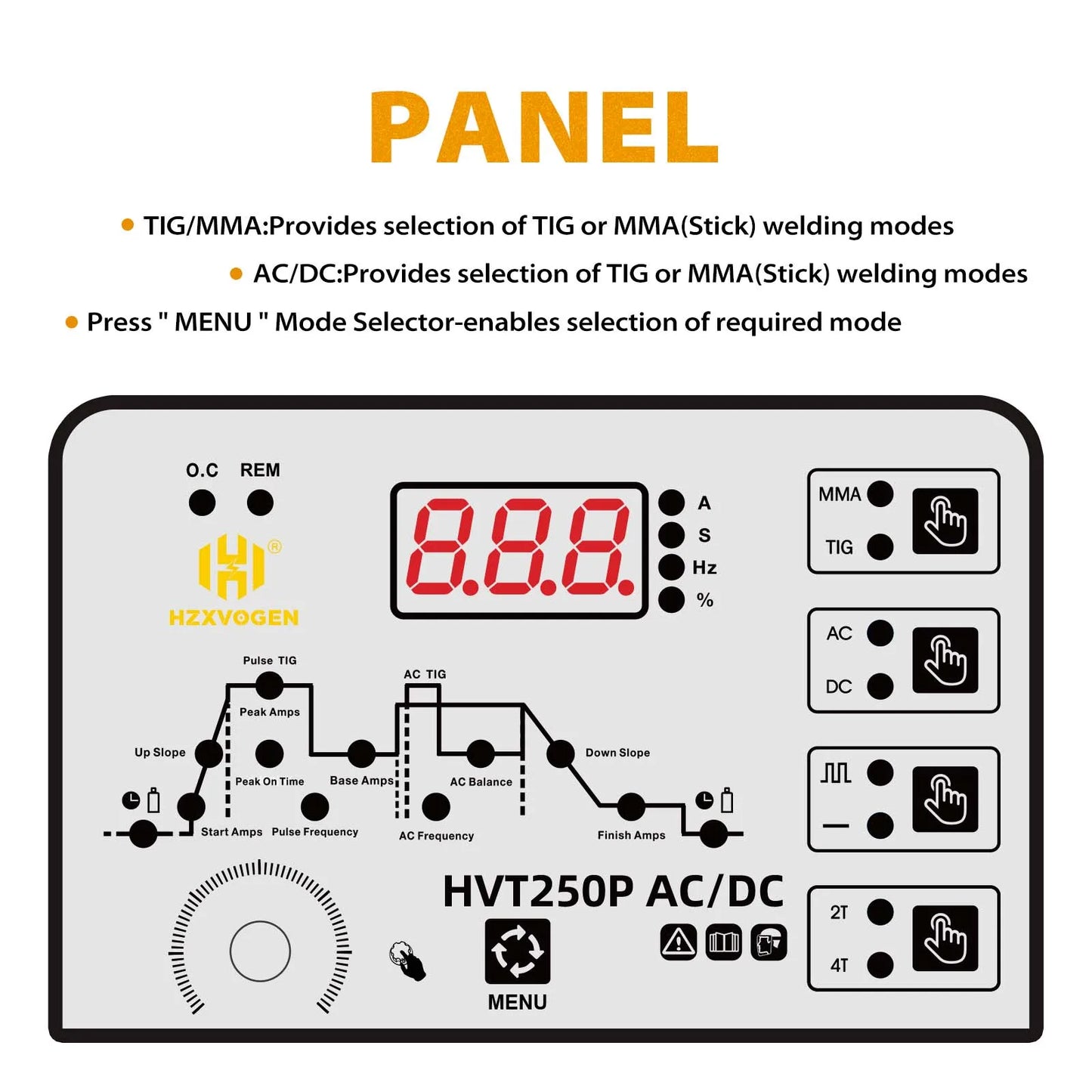 HZXVOGEN 200A Aluminum AC/DC Tig Welding Machine HF TIG/MMA ARC Pulse Argon Welder IGBT Inverter 2T/4T Welding Equipment HVT250P