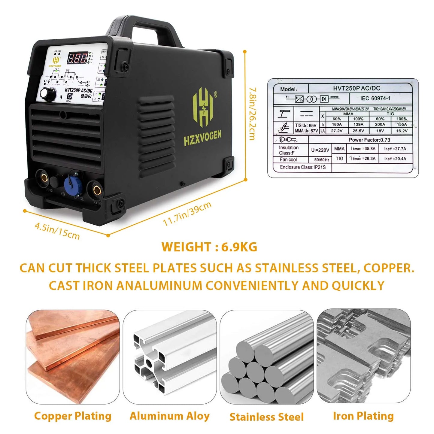 HZXVOGEN 200A Aluminum AC/DC Tig Welding Machine HF TIG/MMA ARC Pulse Argon Welder IGBT Inverter 2T/4T Welding Equipment HVT250P