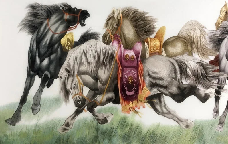 Handmade 100% Mulberry Silk Finished Suzhou Embroidery Quality Goods ,Eight Horses 60*160CM