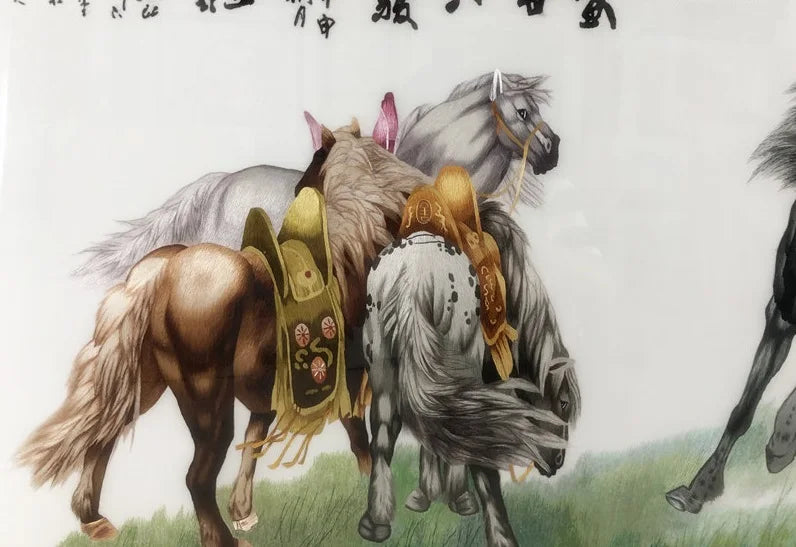 Handmade 100% Mulberry Silk Finished Suzhou Embroidery Quality Goods ,Eight Horses 60*160CM