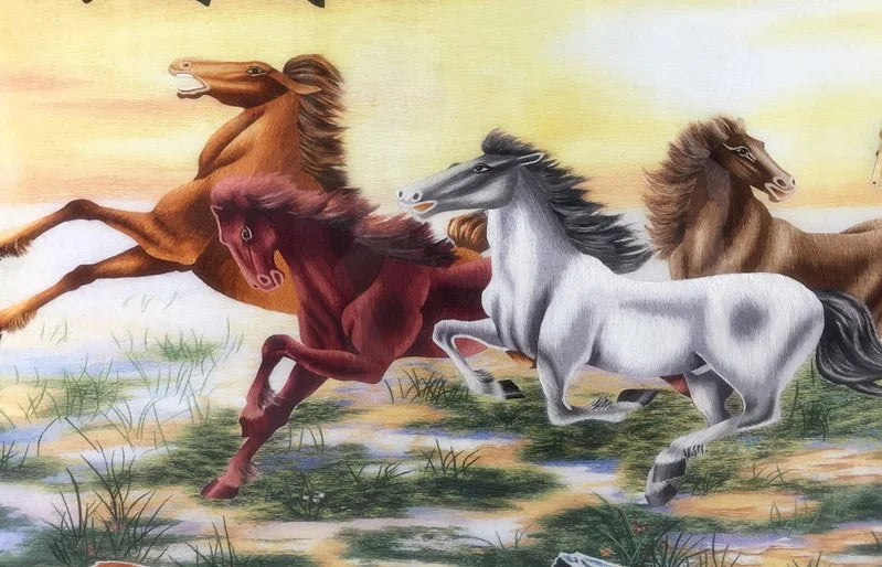 Handmade 100% Mulberry Silk Finished Suzhou Embroidery Quality Goods ,Eight Horses 60*160cm