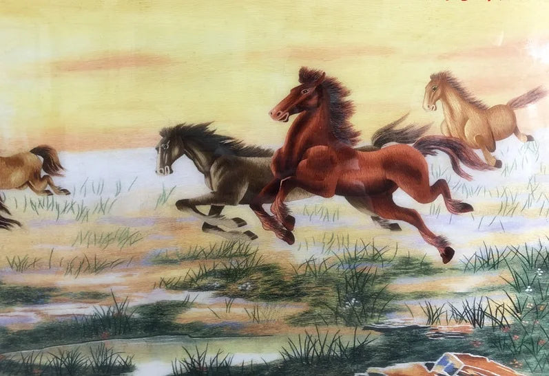 Handmade 100% Mulberry Silk Finished Suzhou Embroidery Quality Goods ,Eight Horses 60*160cm