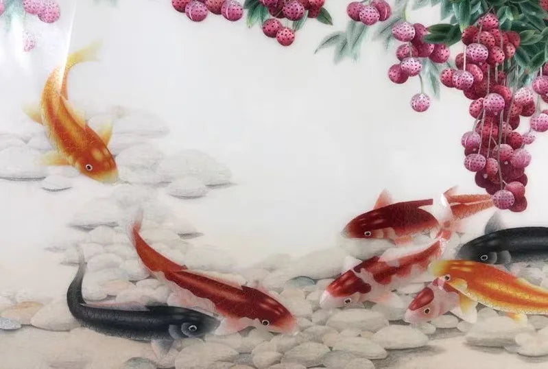 Handmade 100% Mulberry Silk Thread Finished Suzhou Embroidery not include frame ,Lychee and carp 50*100cm