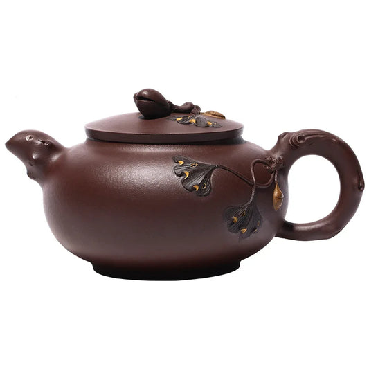 Handmade Purple Clay Pot with Ginkgo Mud Painting Decal, Zisha Teapot, Yixing Handmade Pot, Kung-Fu Teaware Drinkware