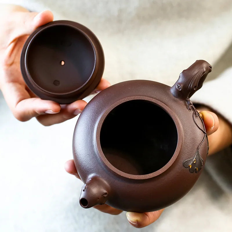 Handmade Purple Clay Pot with Ginkgo Mud Painting Decal, Zisha Teapot, Yixing Handmade Pot, Kung-Fu Teaware Drinkware