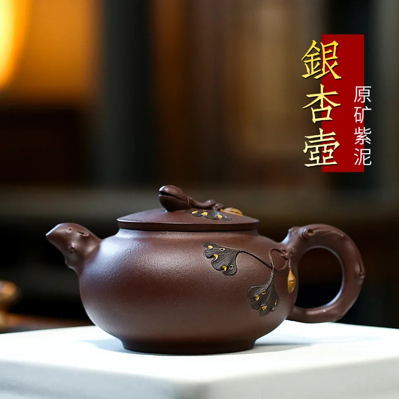 Handmade Purple Clay Pot with Ginkgo Mud Painting Decal, Zisha Teapot, Yixing Handmade Pot, Kung-Fu Teaware Drinkware