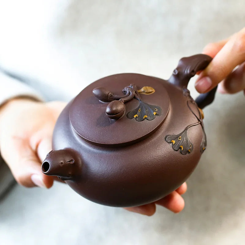 Handmade Purple Clay Pot with Ginkgo Mud Painting Decal, Zisha Teapot, Yixing Handmade Pot, Kung-Fu Teaware Drinkware