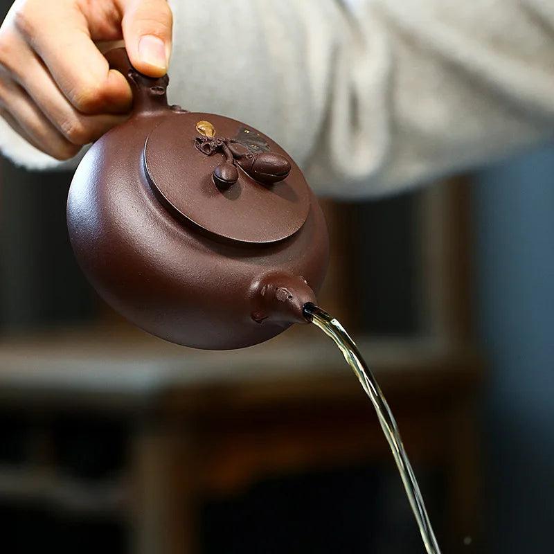 Handmade Purple Clay Pot with Ginkgo Mud Painting Decal, Zisha Teapot, Yixing Handmade Pot, Kung-Fu Teaware Drinkware