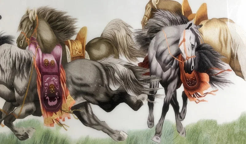 Handmade 100% Mulberry Silk Finished Suzhou Embroidery Quality Goods ,Eight Horses 60*160CM