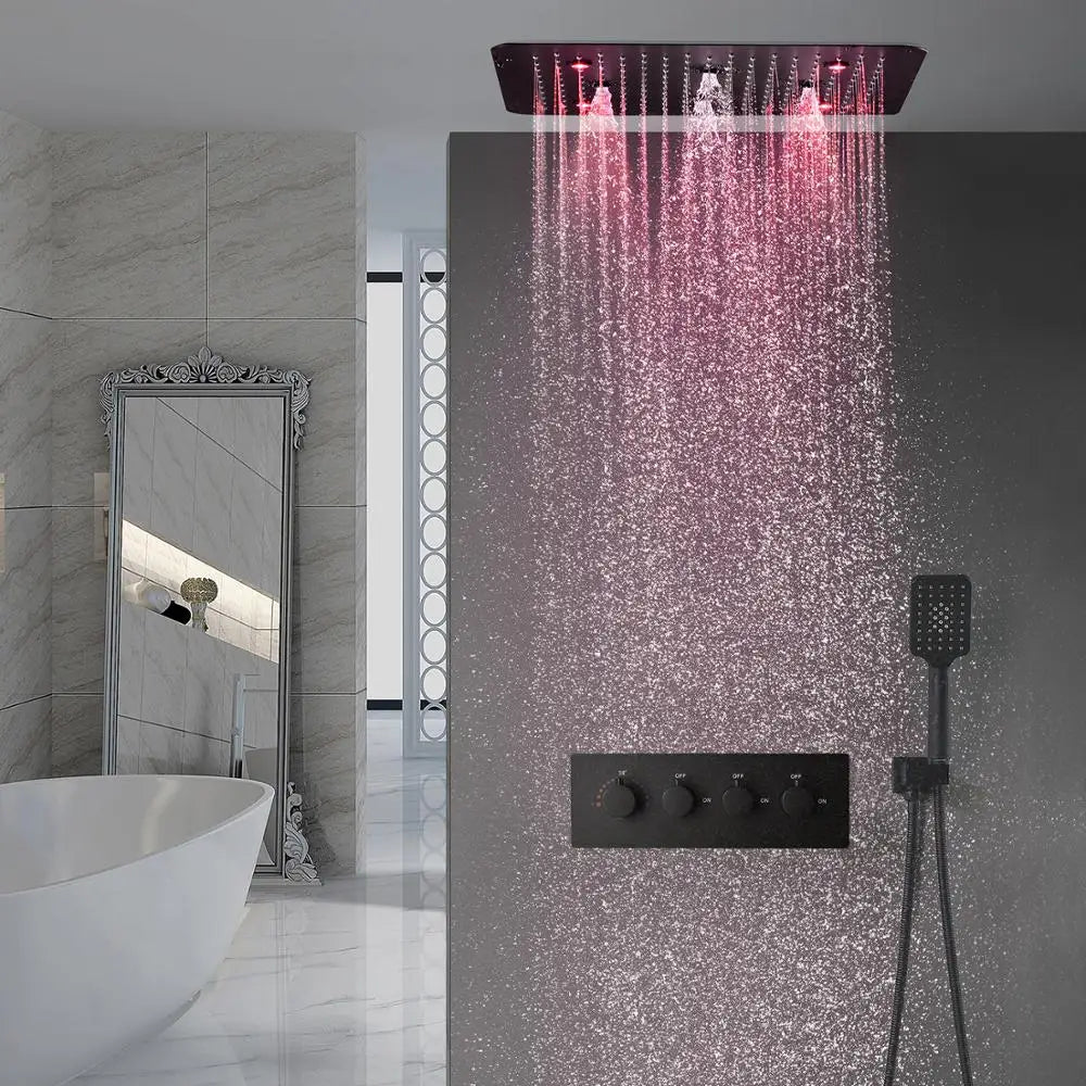 ANTNX Bathroom Accessoires 20inches 500mm Black Shower Head Panel Thermostatic Mixer ValveSystem Rainfall Steam Spray SPA Shower set ANTNX.COM