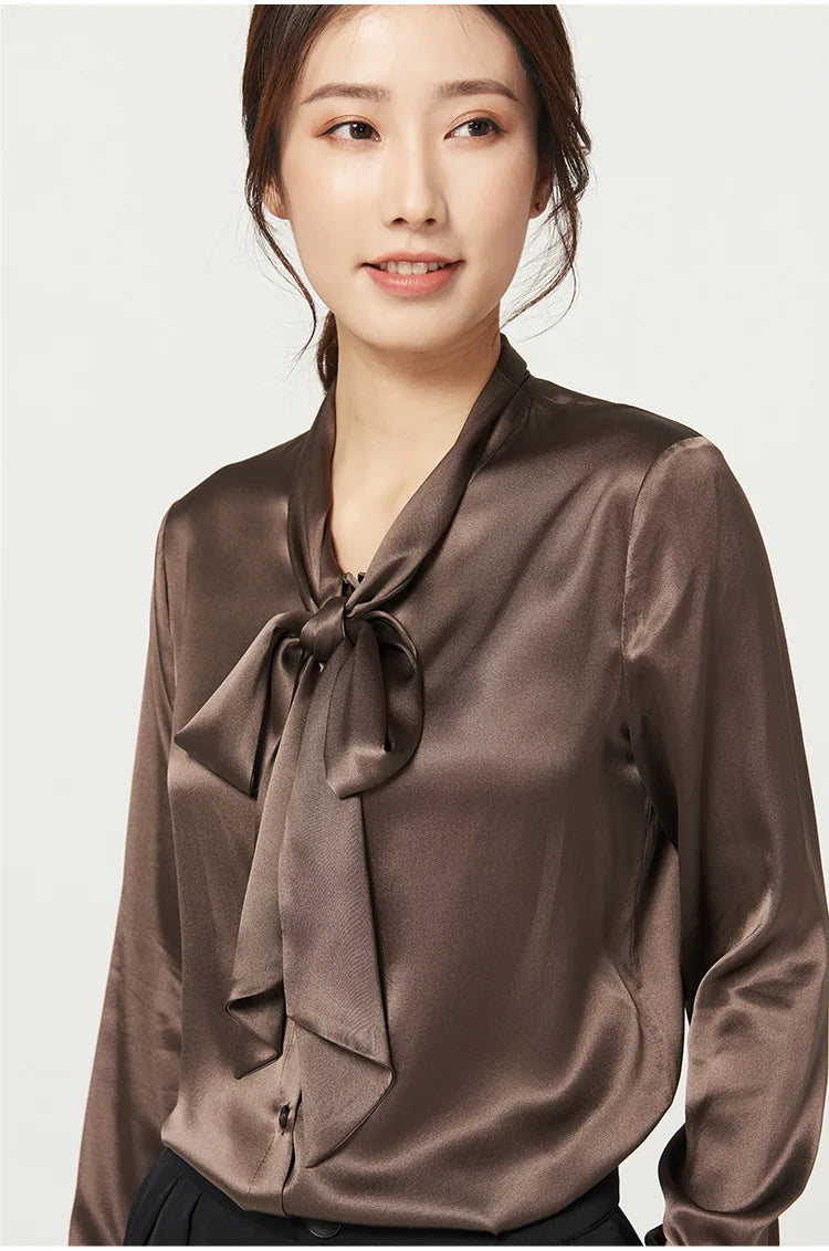 Heavyweight Mulberry Silk Shirt Women's 2023 Spring and Autumn New Long Sleeve Satin Silk Blouse V-neck Bow Ribbon Shirt