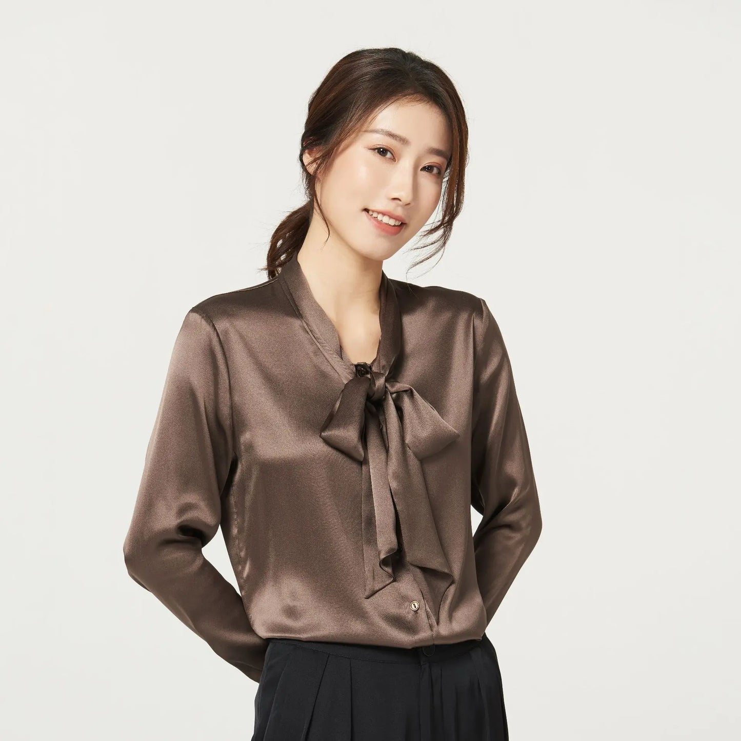 Heavyweight Mulberry Silk Shirt Women's 2023 Spring and Autumn New Long Sleeve Satin Silk Blouse V-neck Bow Ribbon Shirt