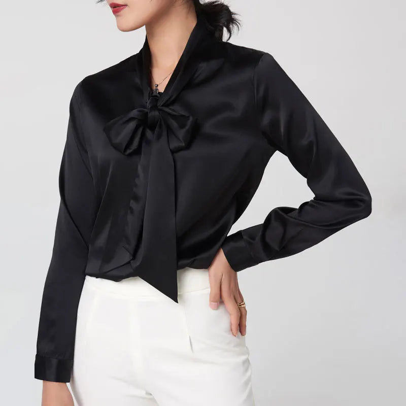 Heavyweight Mulberry Silk Shirt Women's 2023 Spring and Autumn New Long Sleeve Satin Silk Blouse V-neck Bow Ribbon Shirt