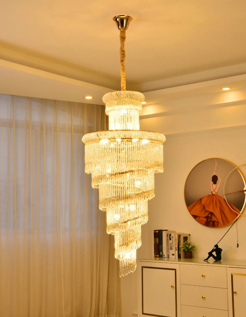 High Ceiling Luxury French Romantic Royal Gold Clean Crystal Long Necklace Lobby Villa Staircase Corridor Large Chandelier