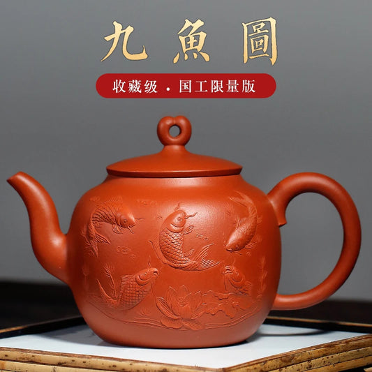 |High end! A stacked mud craftsmen Zhou Xiaozhong hand painted ceramic tea-pot nine fish figure zhu mud mass product